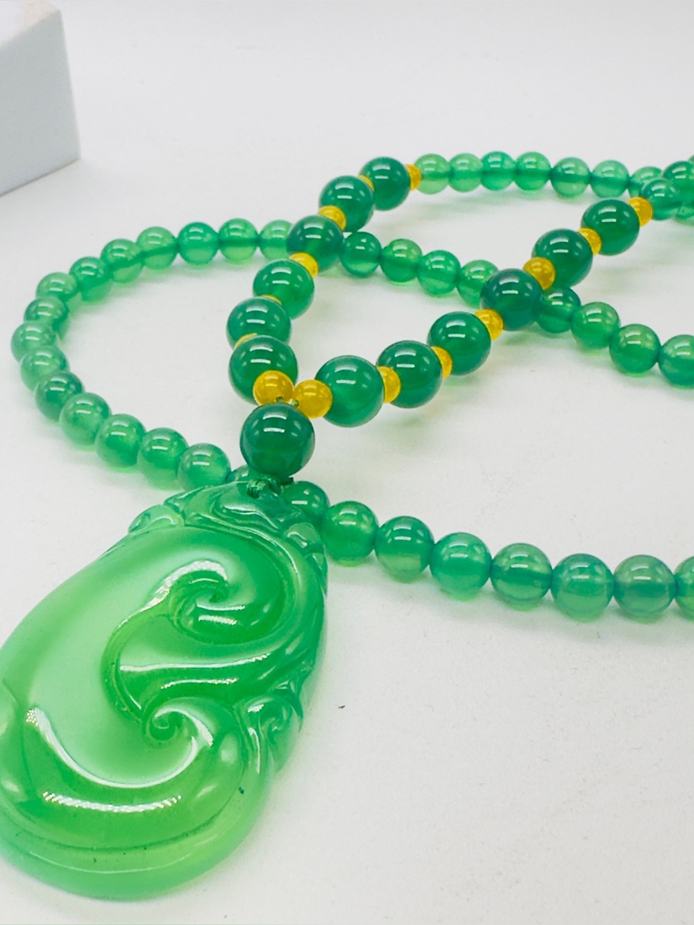 Ruyi Pendant Beaded Strand Necklace Ice Jadeite Chalcedony Agate  Green Beaded - Picture 3 of 4